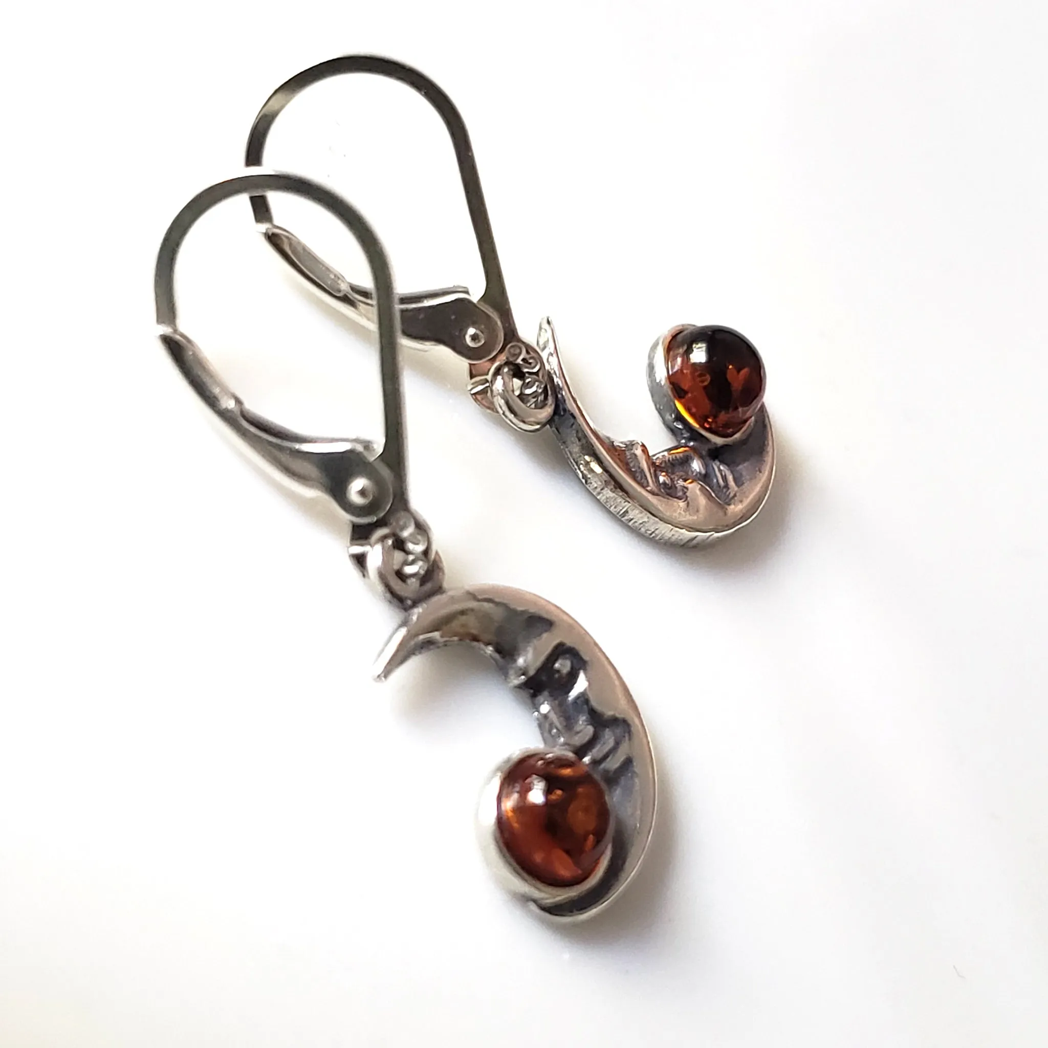 Silver Moon Earrings with Amber