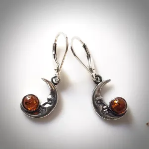 Silver Moon Earrings with Amber