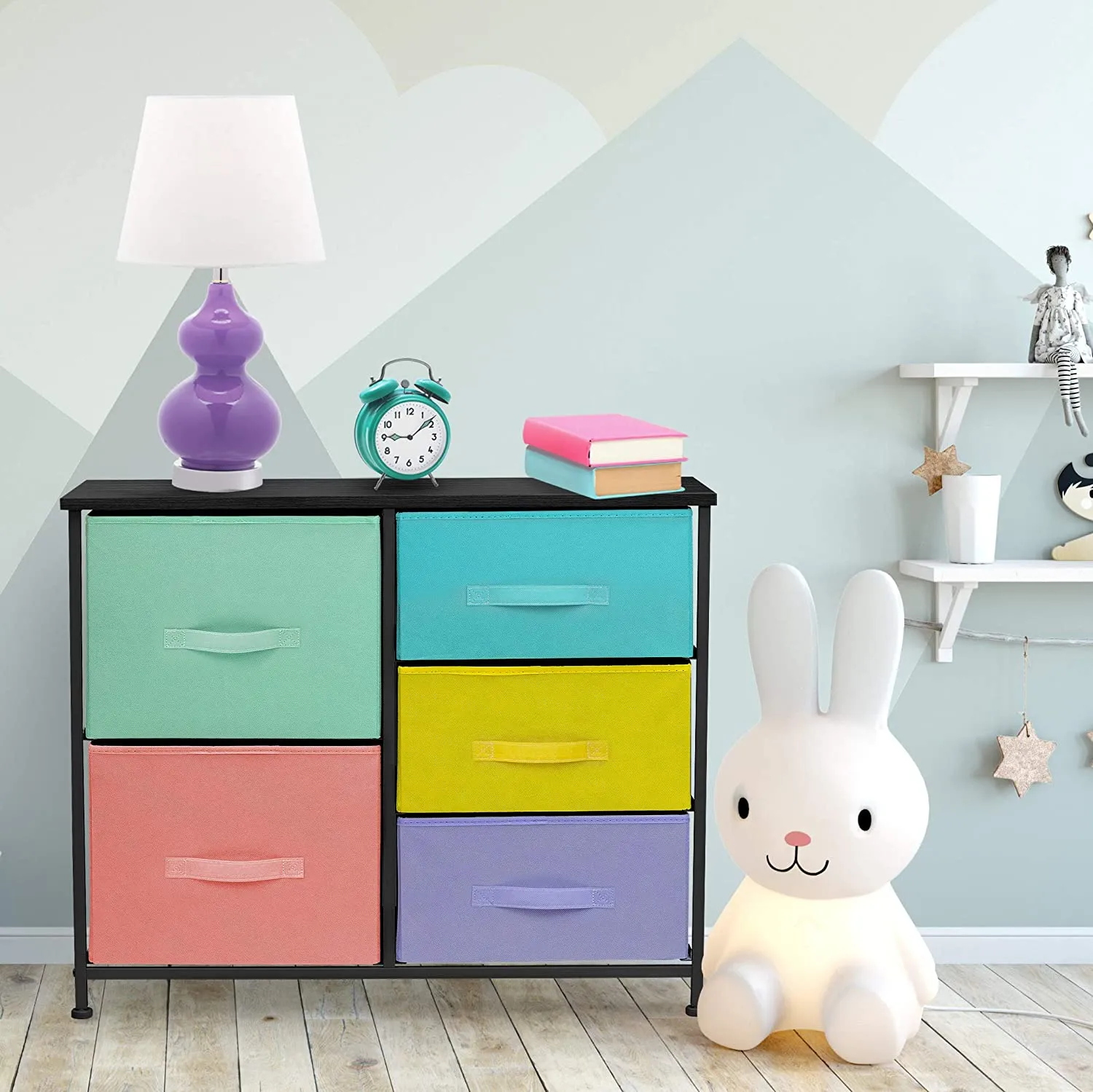 Sorbus Dresser with 5 Drawers - Furniture Storage Tower Unit for Bedroom, Hallway, Closet, Office Organization - Steel Frame, Wood Top, Easy Pull Fabric Bins (5-Drawer Dresser Chest, Pastel/Black)