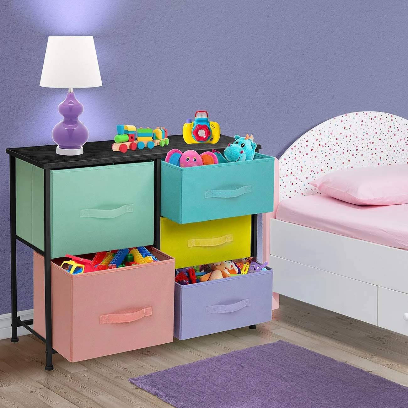 Sorbus Dresser with 5 Drawers - Furniture Storage Tower Unit for Bedroom, Hallway, Closet, Office Organization - Steel Frame, Wood Top, Easy Pull Fabric Bins (5-Drawer Dresser Chest, Pastel/Black)