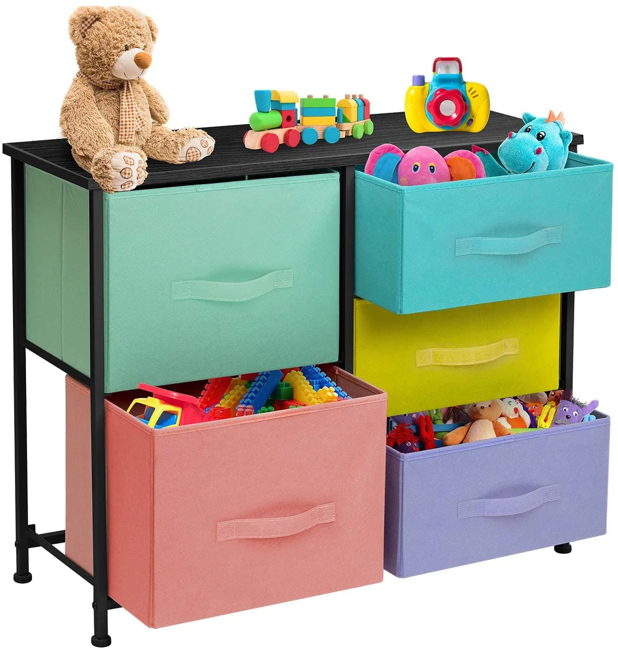 Sorbus Dresser with 5 Drawers - Furniture Storage Tower Unit for Bedroom, Hallway, Closet, Office Organization - Steel Frame, Wood Top, Easy Pull Fabric Bins (5-Drawer Dresser Chest, Pastel/Black)