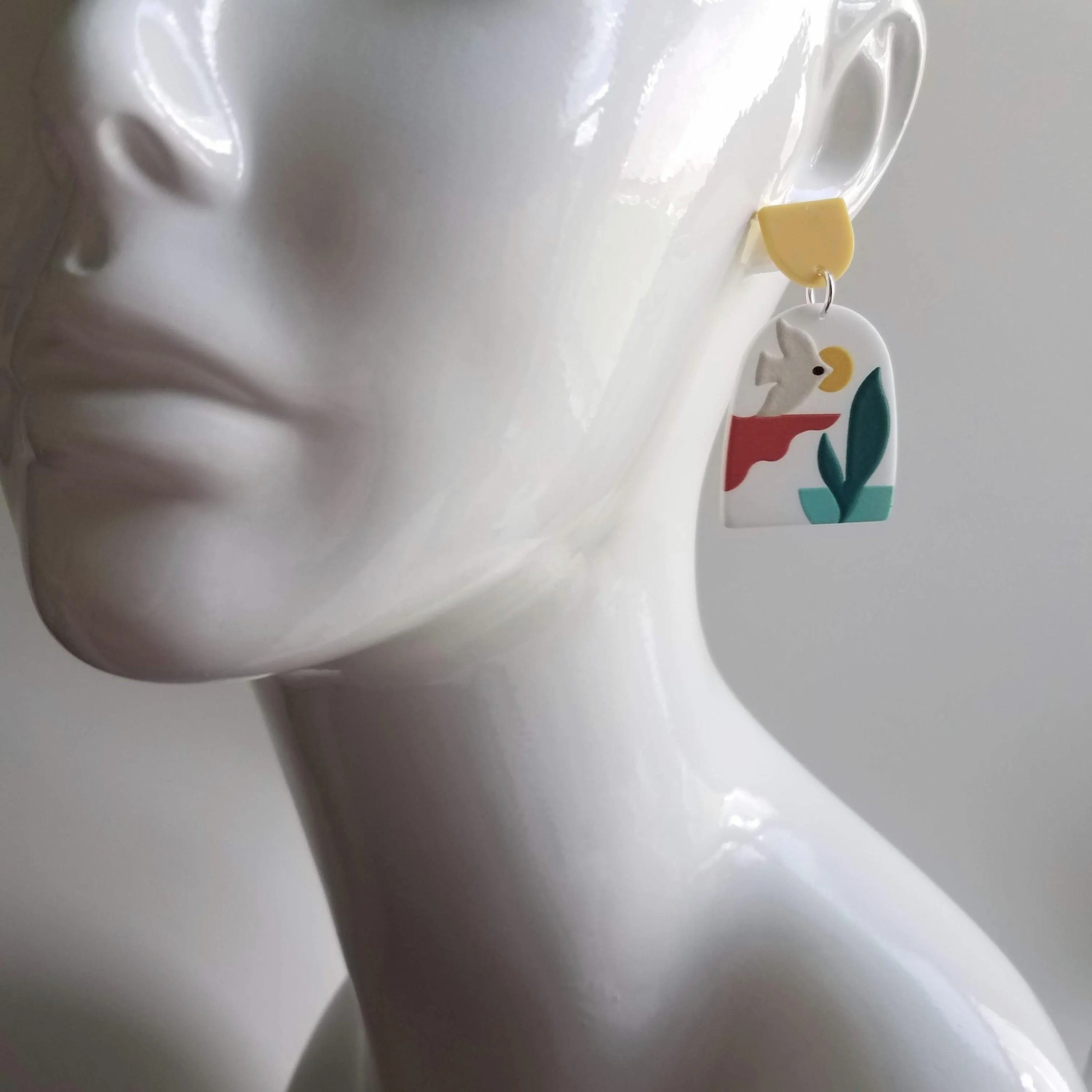 Sunset Earrings, large 80s earring, flying bird earring, tropical earring, scenery earring, chunky acrylic earring, plastic earring, white