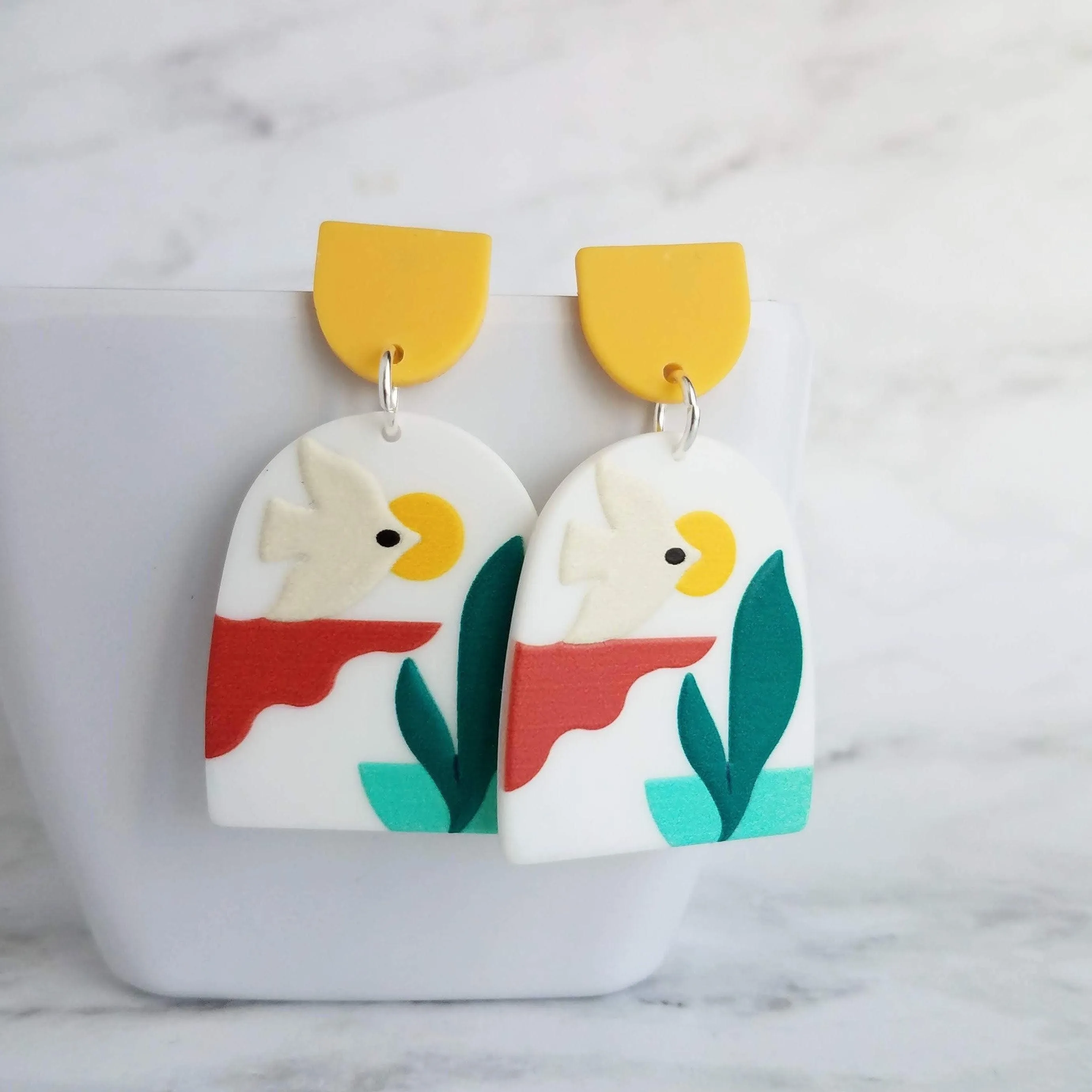 Sunset Earrings, large 80s earring, flying bird earring, tropical earring, scenery earring, chunky acrylic earring, plastic earring, white