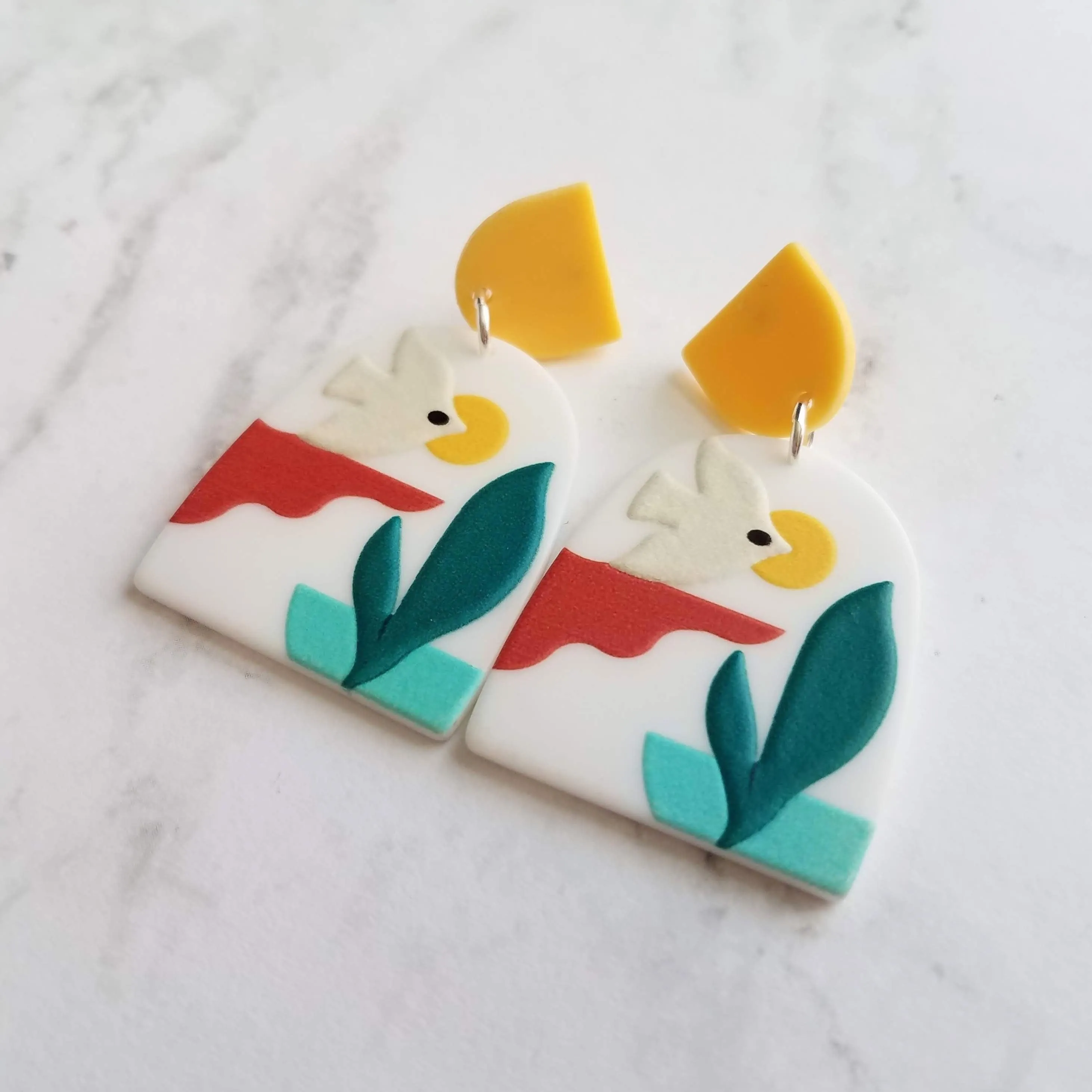 Sunset Earrings, large 80s earring, flying bird earring, tropical earring, scenery earring, chunky acrylic earring, plastic earring, white