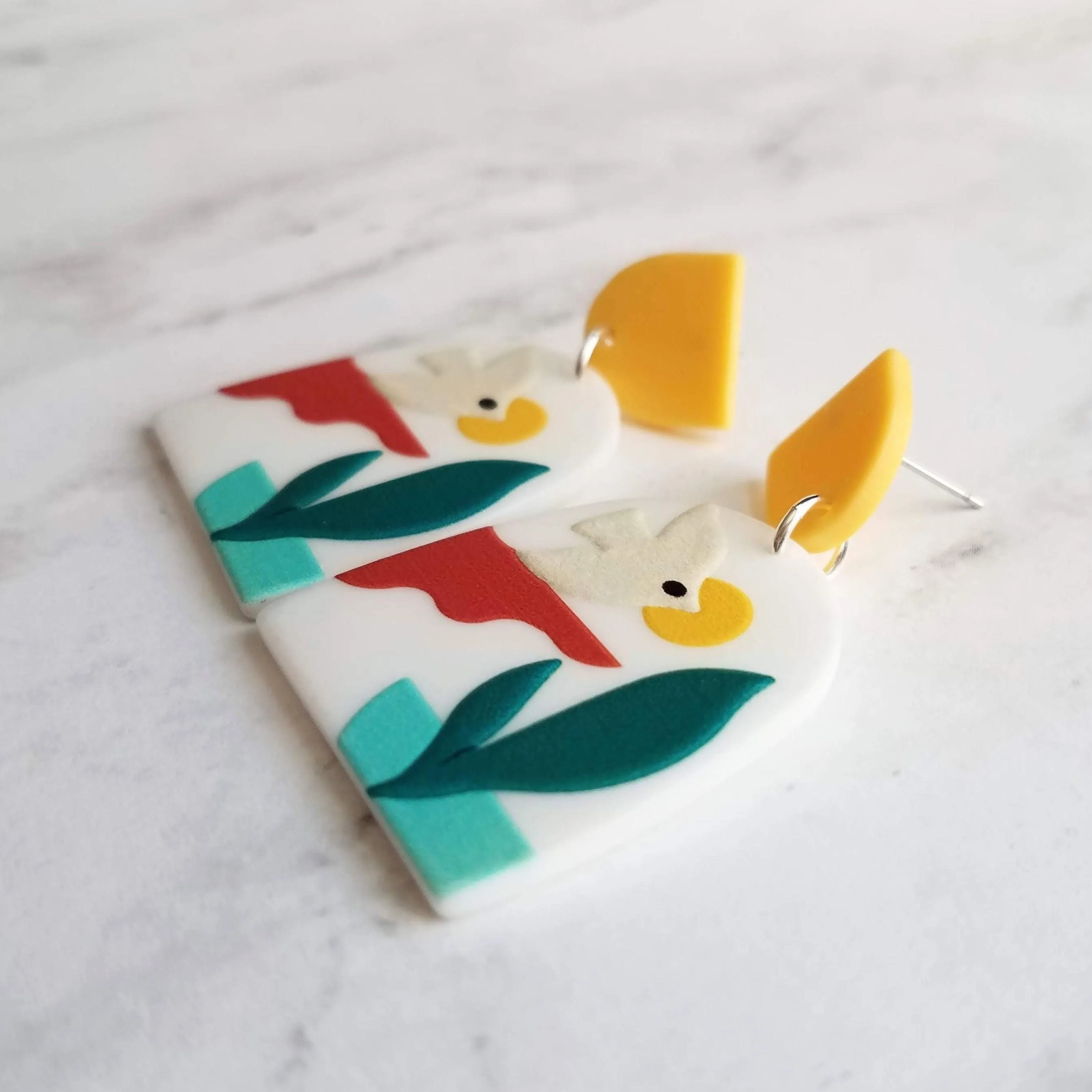 Sunset Earrings, large 80s earring, flying bird earring, tropical earring, scenery earring, chunky acrylic earring, plastic earring, white