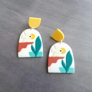 Sunset Earrings, large 80s earring, flying bird earring, tropical earring, scenery earring, chunky acrylic earring, plastic earring, white