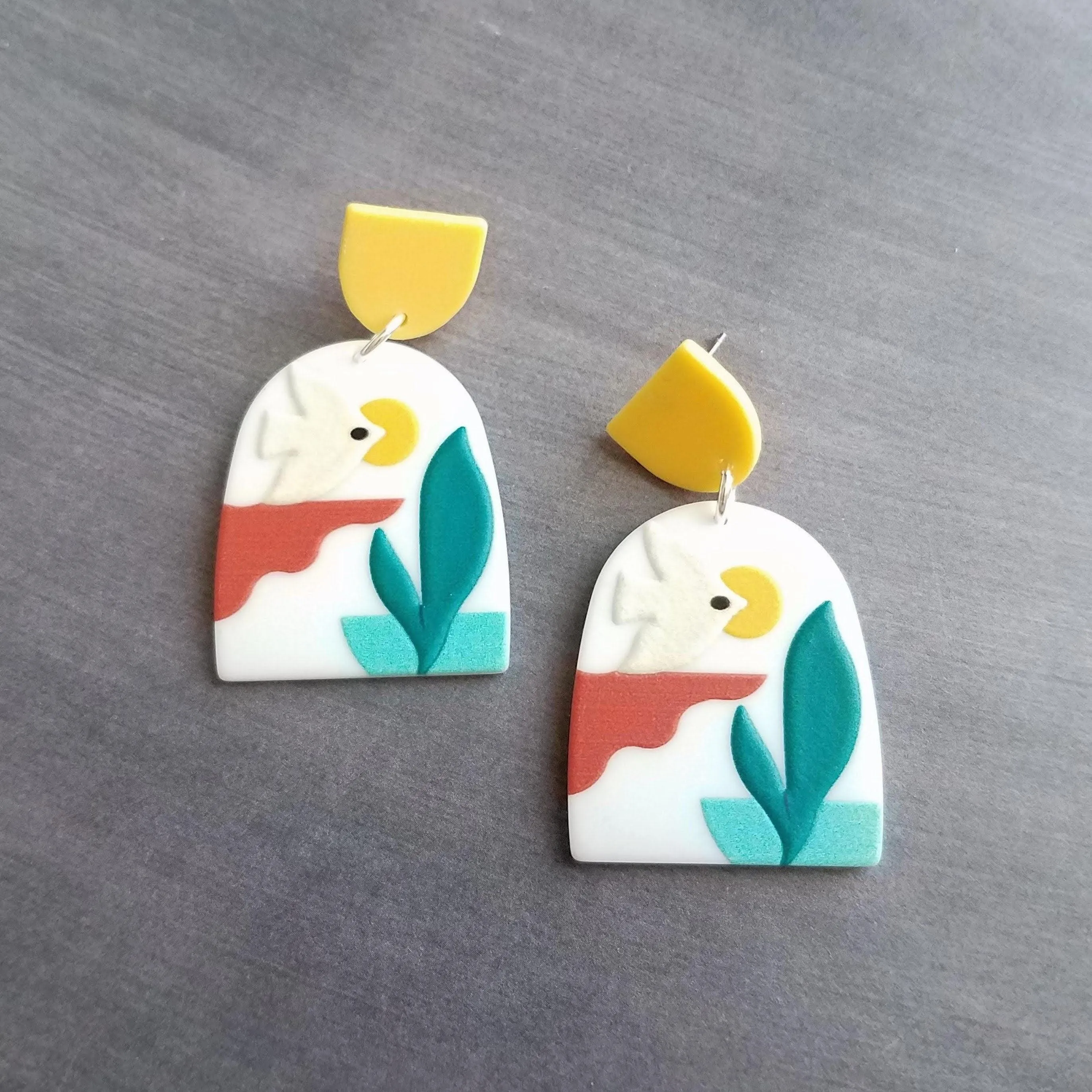 Sunset Earrings, large 80s earring, flying bird earring, tropical earring, scenery earring, chunky acrylic earring, plastic earring, white