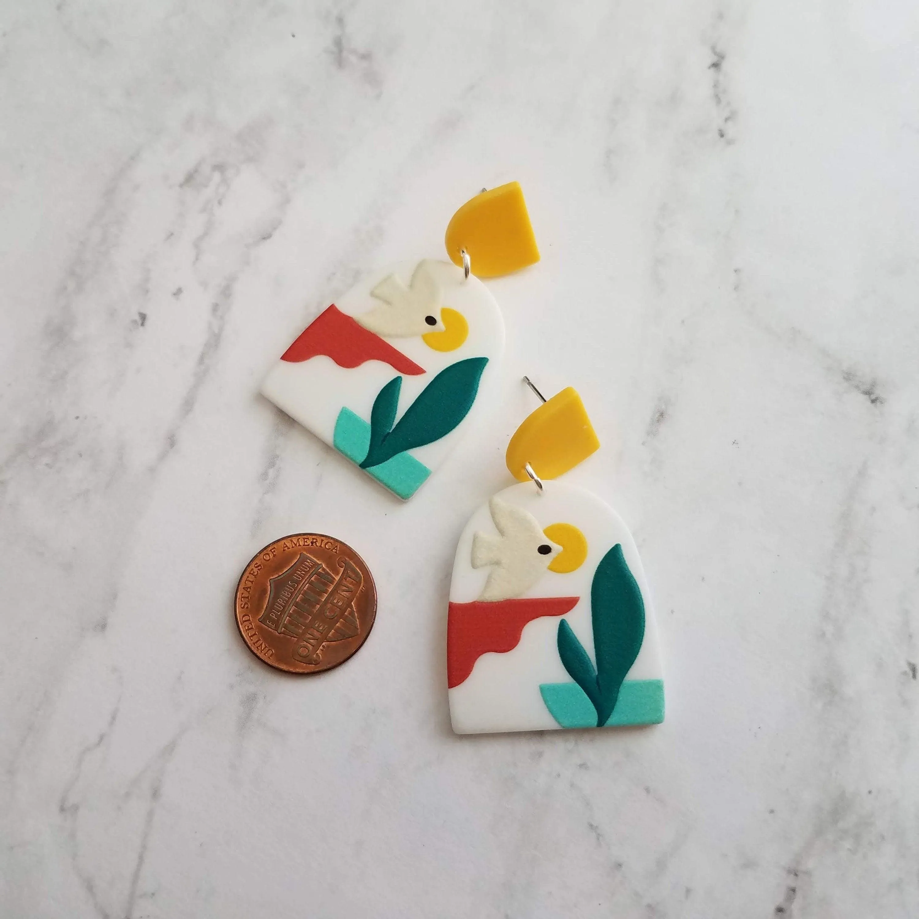 Sunset Earrings, large 80s earring, flying bird earring, tropical earring, scenery earring, chunky acrylic earring, plastic earring, white