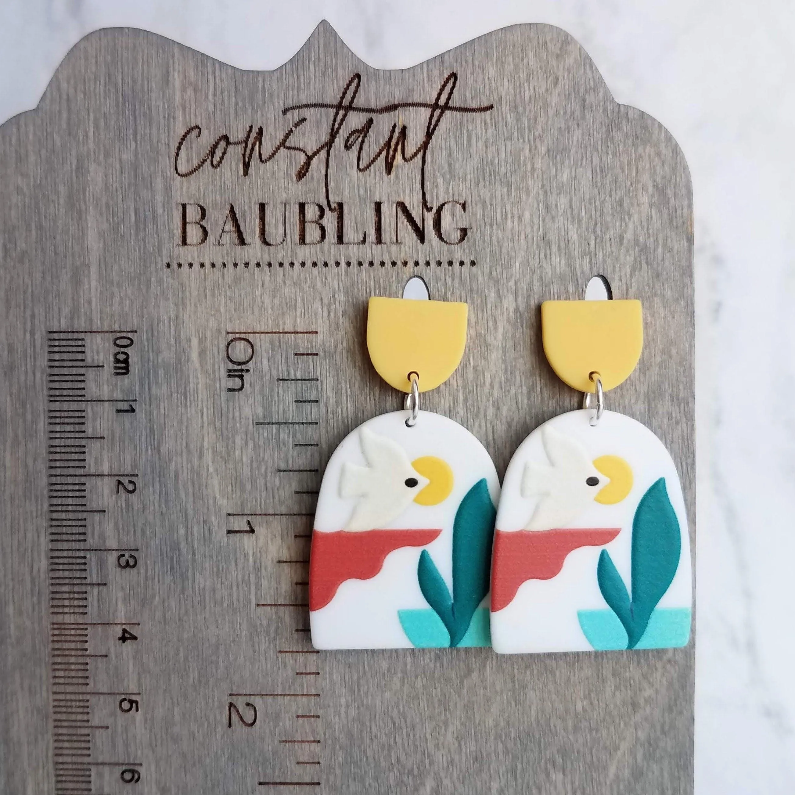 Sunset Earrings, large 80s earring, flying bird earring, tropical earring, scenery earring, chunky acrylic earring, plastic earring, white