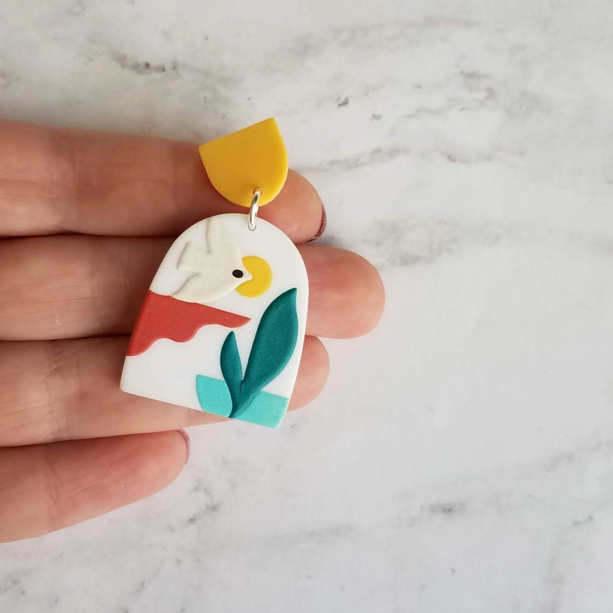 Sunset Earrings, large 80s earring, flying bird earring, tropical earring, scenery earring, chunky acrylic earring, plastic earring, white