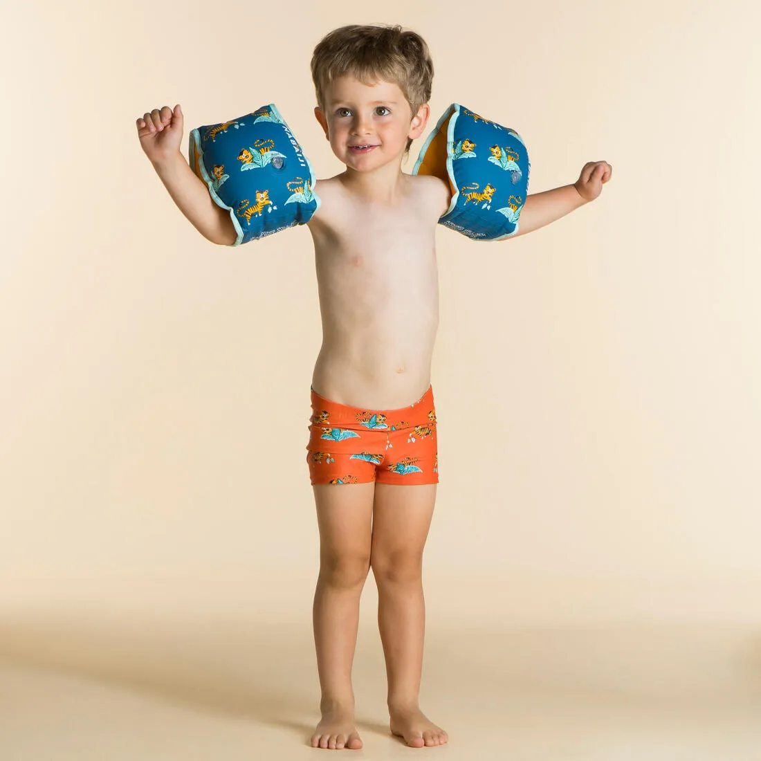 Swimming armbands with fabric interior for 15-30 kg kids - blue "Sloth" print