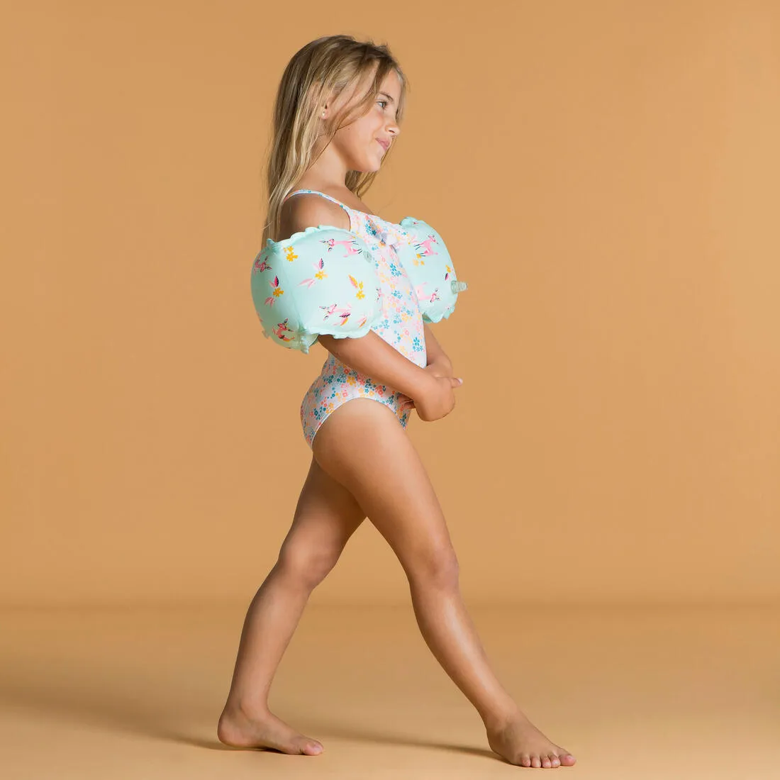 Swimming armbands with fabric interior for 15-30 kg kids - blue "Sloth" print