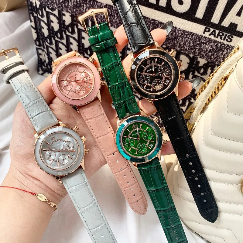 Women's Watch Refractive Mirror Surface Six-Pointer calendar large dial leather strap elegant watch